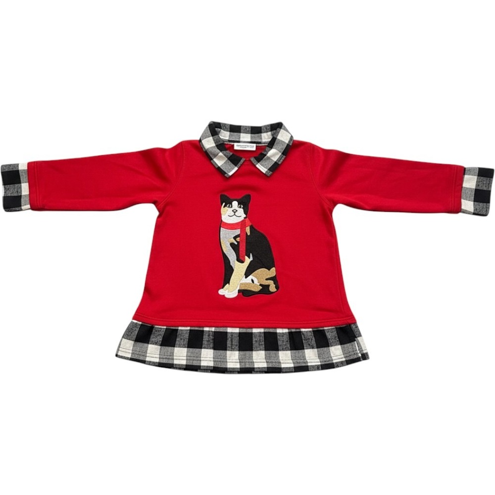 Country Store Red Cat Embroidered Sweatshirt Buffalo Plaid Trim Small vtg
